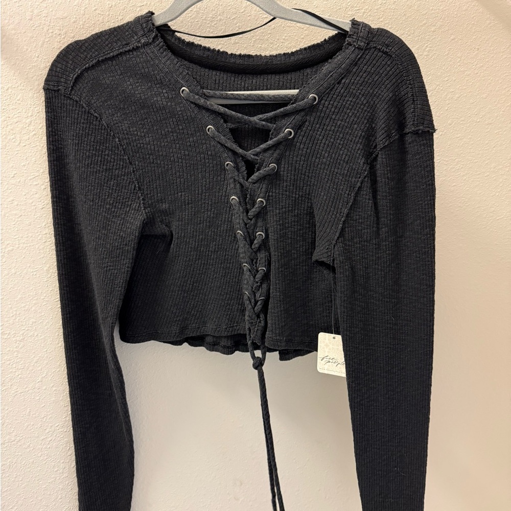 Free People Black Lace-Up Ribbed Crop Top